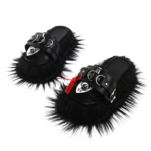 沉没SINKing | net系列faux fur black slippers黑色朋克毛毛拖鞋