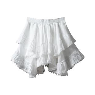 春秋夏不规则蕾丝花边白色棉麻短裙女高腰百搭亚麻蓬蓬半身裙裤裙