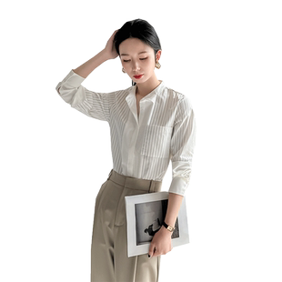 白色立领条纹衬衫女设计感小众长袖高级感职业ol正装抗皱衬衣高端
