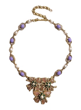 欧美宫廷风中古vintage复古气质做旧粉色珍珠花朵闪钻项链耳环女