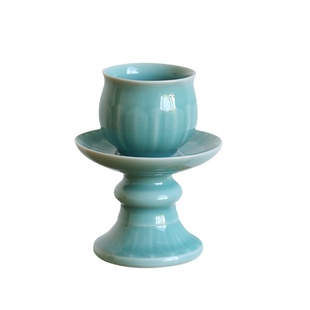 龙泉青瓷莲花供杯寺院佛堂圣水杯净水杯底座供奉家用陶瓷贡杯新款