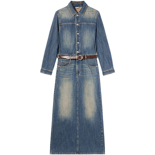 Miss Sixty含莱赛尔牛仔连身连衣裙女配腰带长袖复古后开衩工装