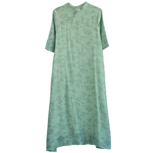 复古文艺天丝亚麻连衣裙女夏季长款提花旗袍长裙子宽松民国风裙子