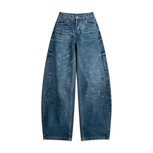 闪闪星空烫钻加绒弯刀牛仔裤女2026春款高腰宽松通勤百搭阔腿长裤