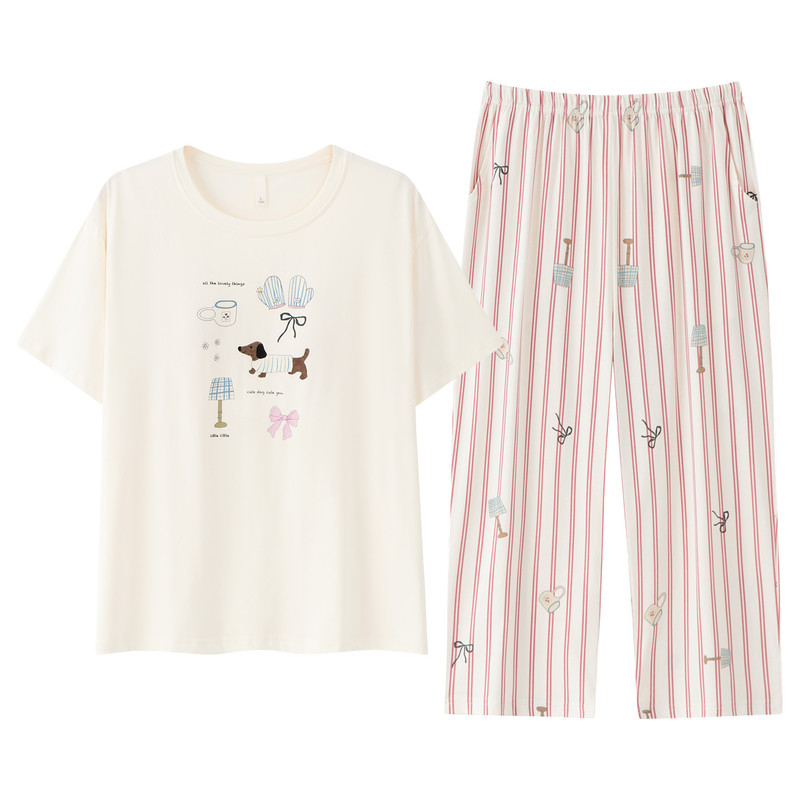 夏季纯棉带胸垫女短袖家居服套装