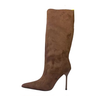 高跟长靴女棕色尖头高跟女靴百搭显瘦复古绒面长筒堆堆靴