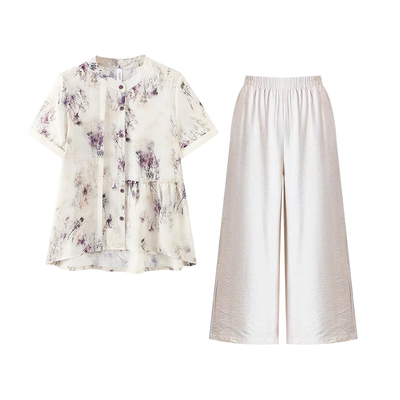 JIANGNAN STORY/江南故事妈妈装夏季休闲短袖上衣两件套中老年人