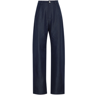 夏莫卡垂感仿牛仔香蕉裤女新款藏青色裤子加长抗皱显瘦镰刀裤7767