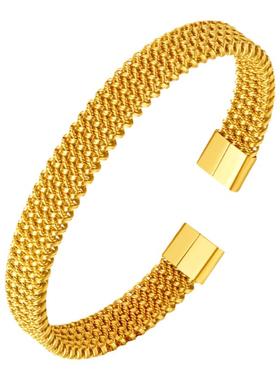 个性钛钢编织C形开口手环欧美时尚镀金色不锈钢手镯 小众简约手饰