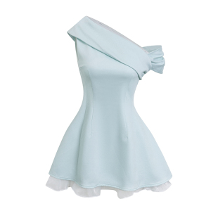 RECIT 薄荷绿一字斜肩连衣裙女冬季千金风小众设计独特漂亮掐腰裙