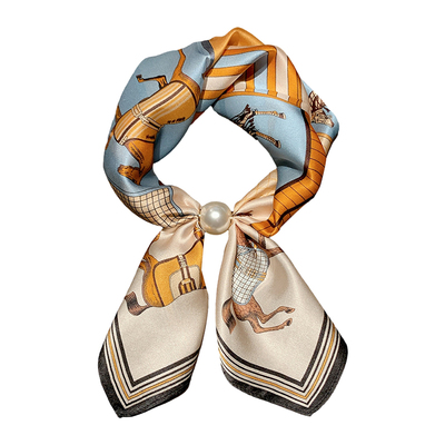 珍珠磁铁扣真丝小丝巾女春秋领巾