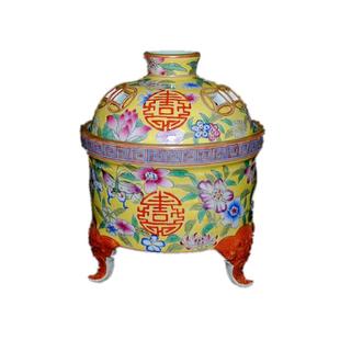 景德镇仿古瓷精品手绘粉彩黄底花卉香薰炉摆收藏大清乾隆年制把玩