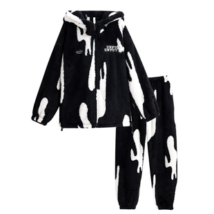 情侣睡衣珊瑚绒秋冬季加绒加厚黑色连帽可外穿家居服男女时尚套装