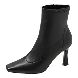 [明星同款]康莉羊皮法式时尚小短靴秋冬加绒保暖瘦瘦靴高跟靴子女