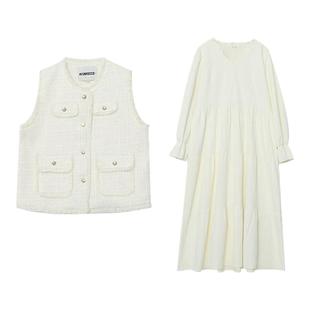 温柔风连衣裙2024冬季新款220斤胖mm大码法式气质马甲长裙两件套