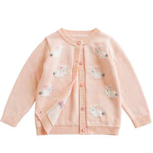 甜美风女童兔子卡通针织开衫粉色纯棉线毛衣新款宝宝春秋洋气外套