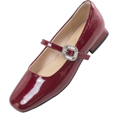 N26D3125M-钻扣低跟方头气质大牌玛丽珍-显白车厘子红