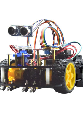 适用于arduino uno多功能智能小车四路寻迹超声波避障4WD双层四驱