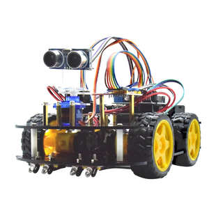 适用于arduino uno多功能智能小车四路寻迹超声波避障4WD双层四驱