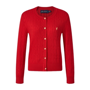 【红色款】POLOWALK女式长袖针织衫2026春季新品红色绞花针织开衫