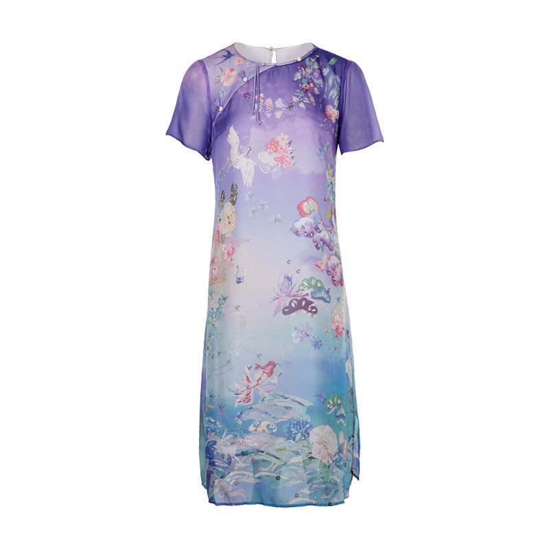 渔牌2026春夏新款桑蚕丝印花真丝连衣裙 国风渐变旗袍中长款女裙
