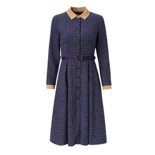 海青蓝 翻领连衣裙2025年新款秋冬女装新款高级中长款格子裙子