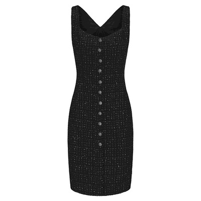 复古金属扣粗花呢修身连衣裙