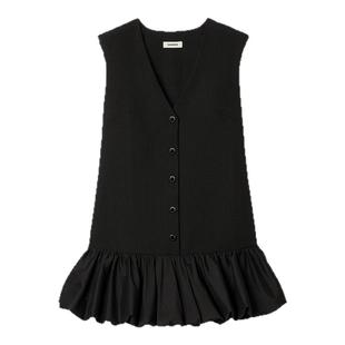 季末6折SANDRO2025秋冬新款女装法式黑色V领竖排扣无袖花苞连衣裙
