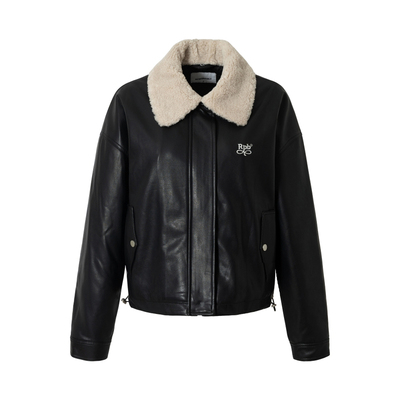 RPB BRAND保暖厚实复古大毛领PU皮皮衣外套女短款宽松夹克上衣