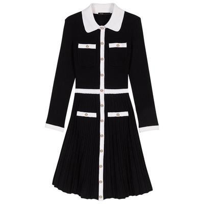 Maje黑白撞色短款收腰针织连衣裙