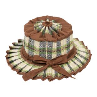 外贸儿童纯手工几何格纹黑边平顶出游折叠便携遮阳帽平檐草编草帽