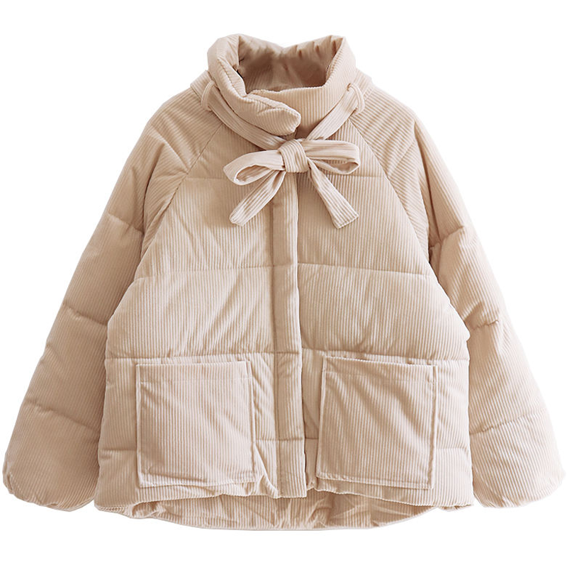 灯芯绒棉服女冬季甜美蝴蝶结系带保暖加厚棉袄宽松面包服立领棉衣