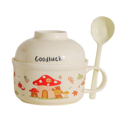 奶油风陶瓷泡面碗带盖勺宿舍用学生高颜值上班食堂打饭碗个人专用