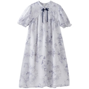 女大童水墨中国风旗袍裙2024夏装新款青少年薄款网纱裙盘口连衣裙