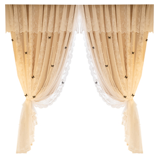 法式浪漫奶油风双层布纱一体蕾丝窗帘遮光卧室客厅高级感复古蝴蝶