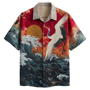 翻领印花透气开襟衬衫男 Flip collar breathable open top shirt