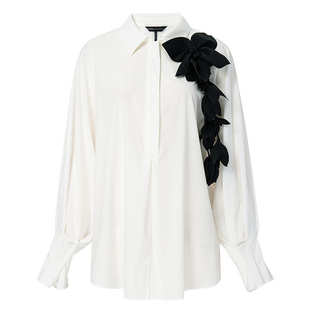 BCBG春秋新款简约百搭别致黑白拼色立体花装饰花苞袖衬衫女上衣