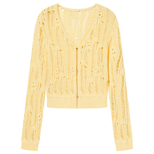 Goodland美地鹅黄色镂空v领针织开衫女短款2026春新品LC36106270