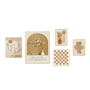 原木风抽象花卉组合装饰画美式轻奢挂画奶油风客厅沙发背景墙壁画