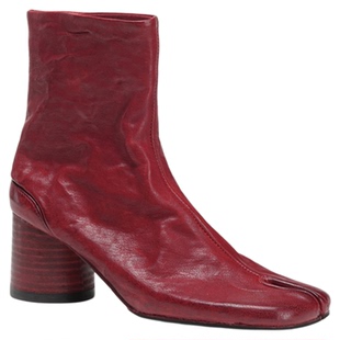 Ls' rommors定制級脚感 红色水洗马皮tabi分趾靴女粗跟马吉拉短靴