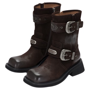 白鹿同款|SUGARSU酥履 秋新款美拉德高跟牛皮骑士短靴女