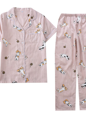 家居服套装短袖长裤全棉纱布