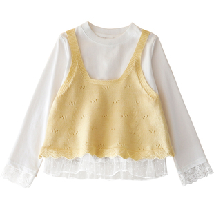 蔚未来女童套装春装2026新款童装儿童纯棉花边T恤毛衣马甲两件套