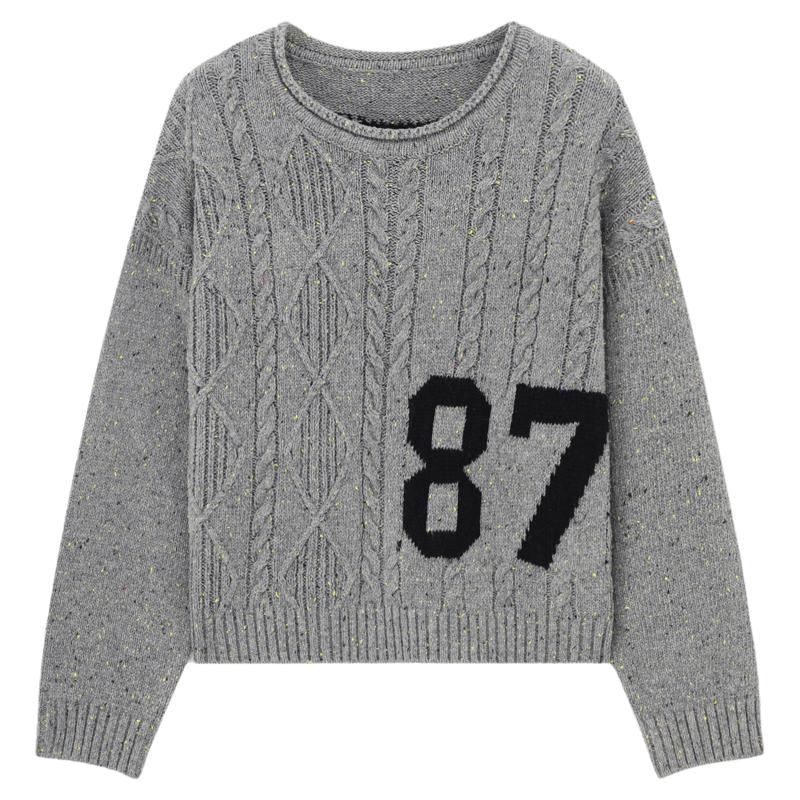 Basic House/百家好撞色圆领绞花毛衣2026秋冬时髦宽松短款上衣女
