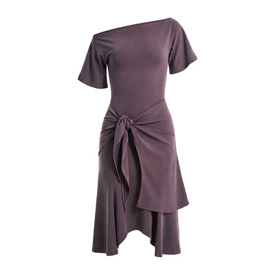PynkiSwear 灰紫/铁灰色斜肩荷叶袖收腰连衣裙一字领不规则中长裙
