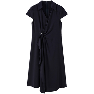 LANDI蓝地藏蓝色醋酸设计感V领捏褶包袖连衣裙女通勤中长裙夏新品