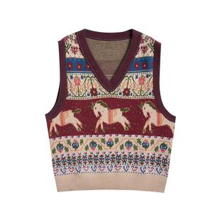 紫涵V领无袖针织马甲背心女秋季新款复古学院风休闲叠穿毛衣马夹