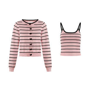 梁田同款 Kroche 撞色条纹针织吊带+植绒蝴蝶结开衫两件套