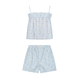 FORRETRO25 蓝色飞鸟花边A字吊带短裤长裤度假风休闲家居度假套装