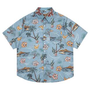 From Mars 潮热雨林 潮牌夏威夷度假海边短袖花衬衫宽松情侣衣衫